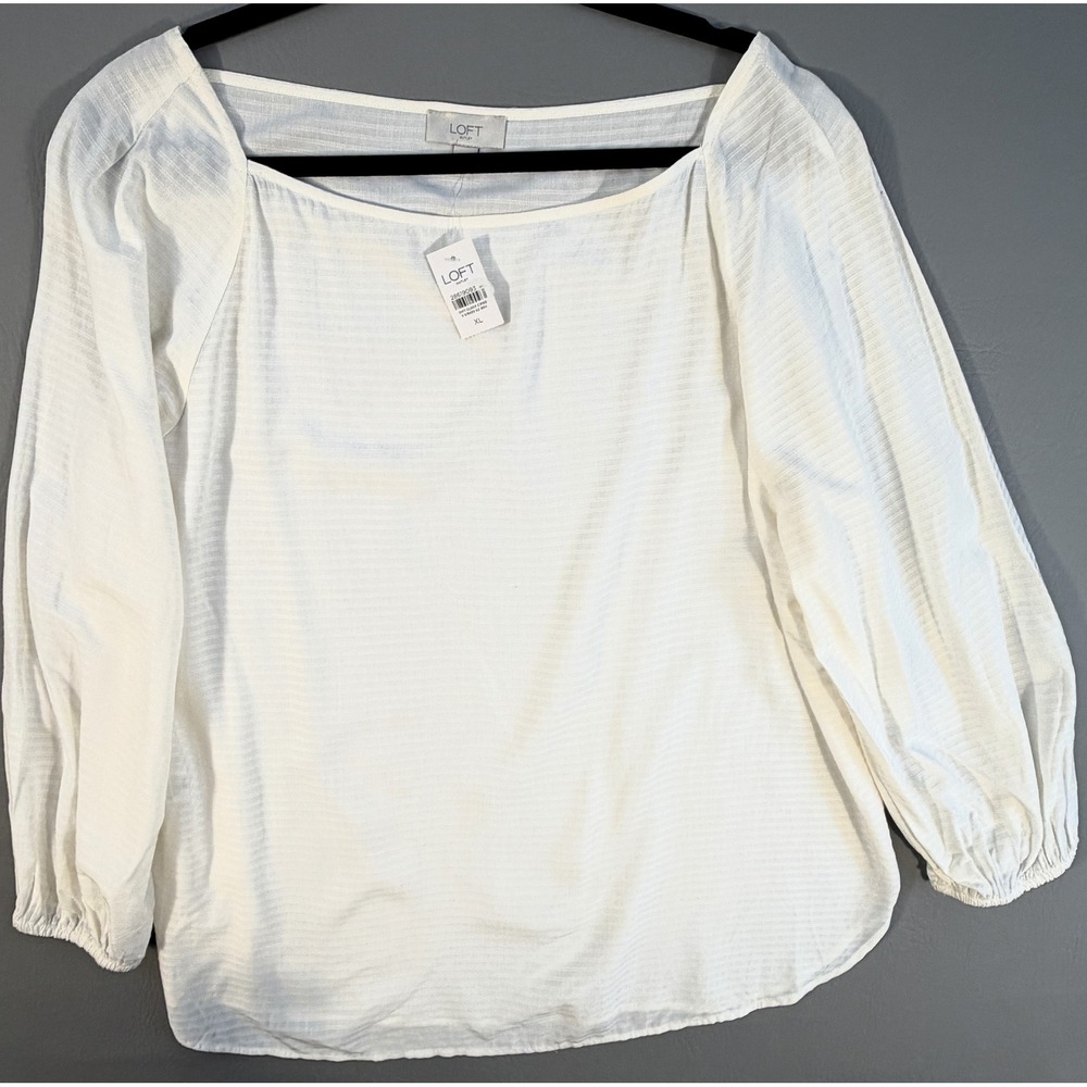 LOFT Blouse Womens XL White NEW Square Neck Textured Long Sleeve Relaxed Boho